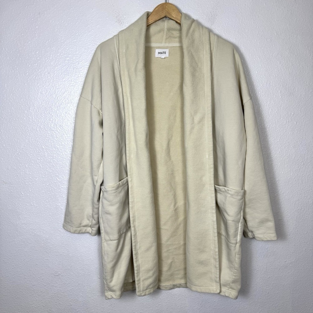 Mate The Label Cotton Fleece Cardigan Women's XS Small Cream Open Front READ